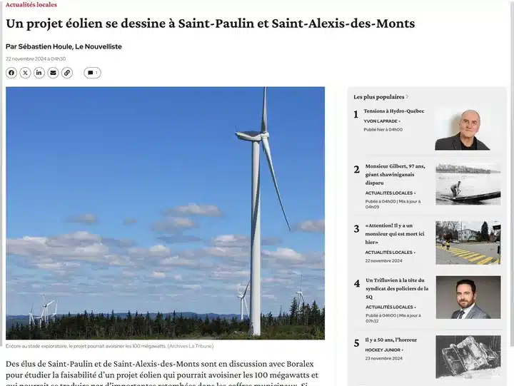Un projet éolien se dessine à Saint-Paulin et Saint-Alexis-des-Monts 